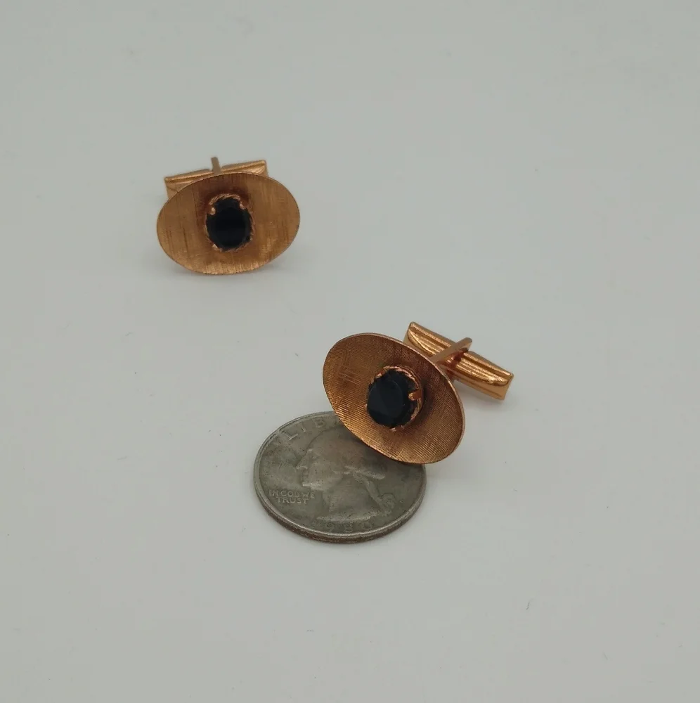 Onyx Center Copper Plated Cufflinks Midcentury Vintage